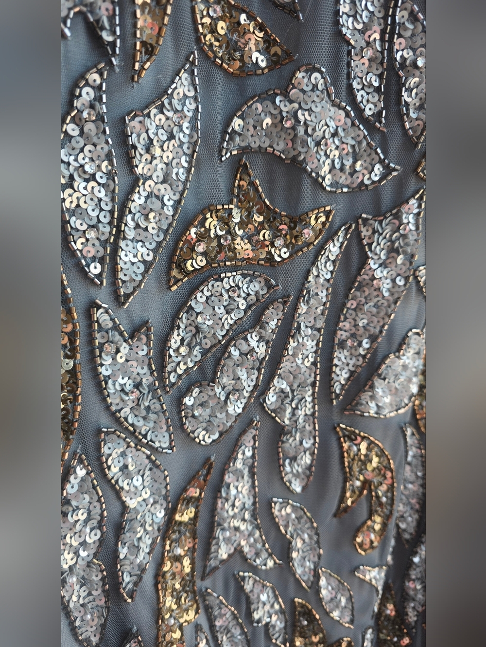 New Mac Duggal Silver-Gray Sequin Embellished Evening Gown with Gold Accents 10 - Picture 10 of 13
